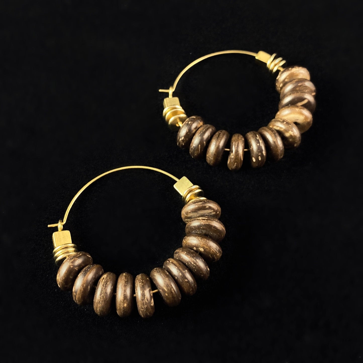 Gold Geometric Art Deco Hoop Earrings  - 18kt Gold Over Brass with Coco Wood Beads, David Aubrey Jewelry