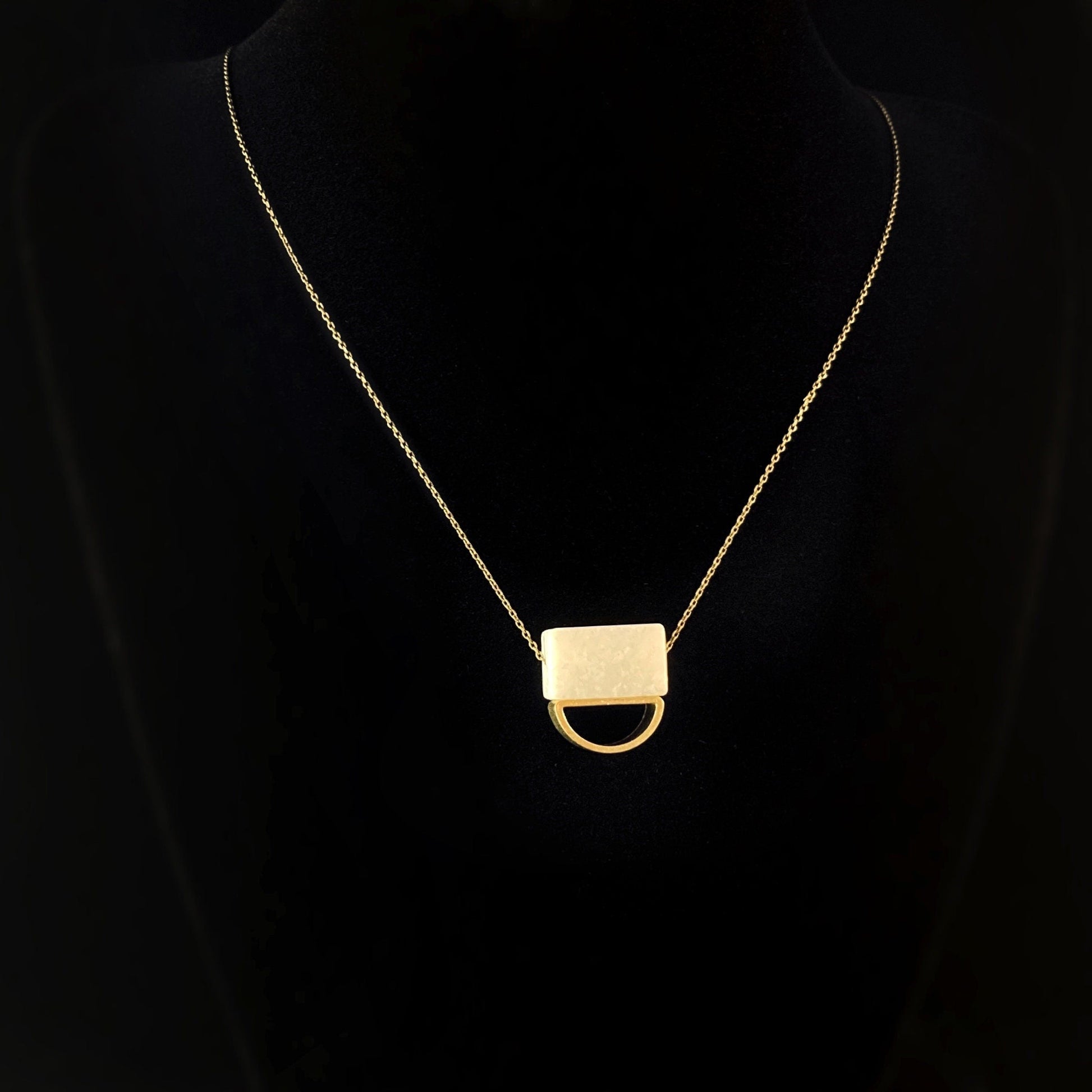 Gold Geometric Art Deco Pendant Necklace  - 18kt Gold Over Brass Necklace with Square Agate Bead, David Aubrey Jewelry