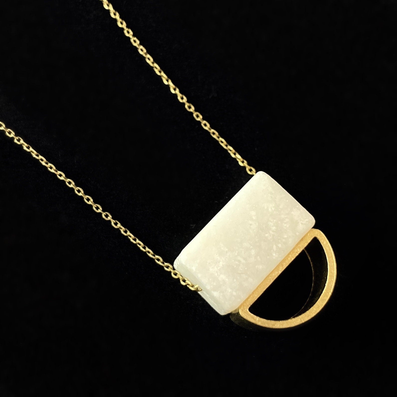 Gold Geometric Art Deco Pendant Necklace  - 18kt Gold Over Brass Necklace with Square Agate Bead, David Aubrey Jewelry