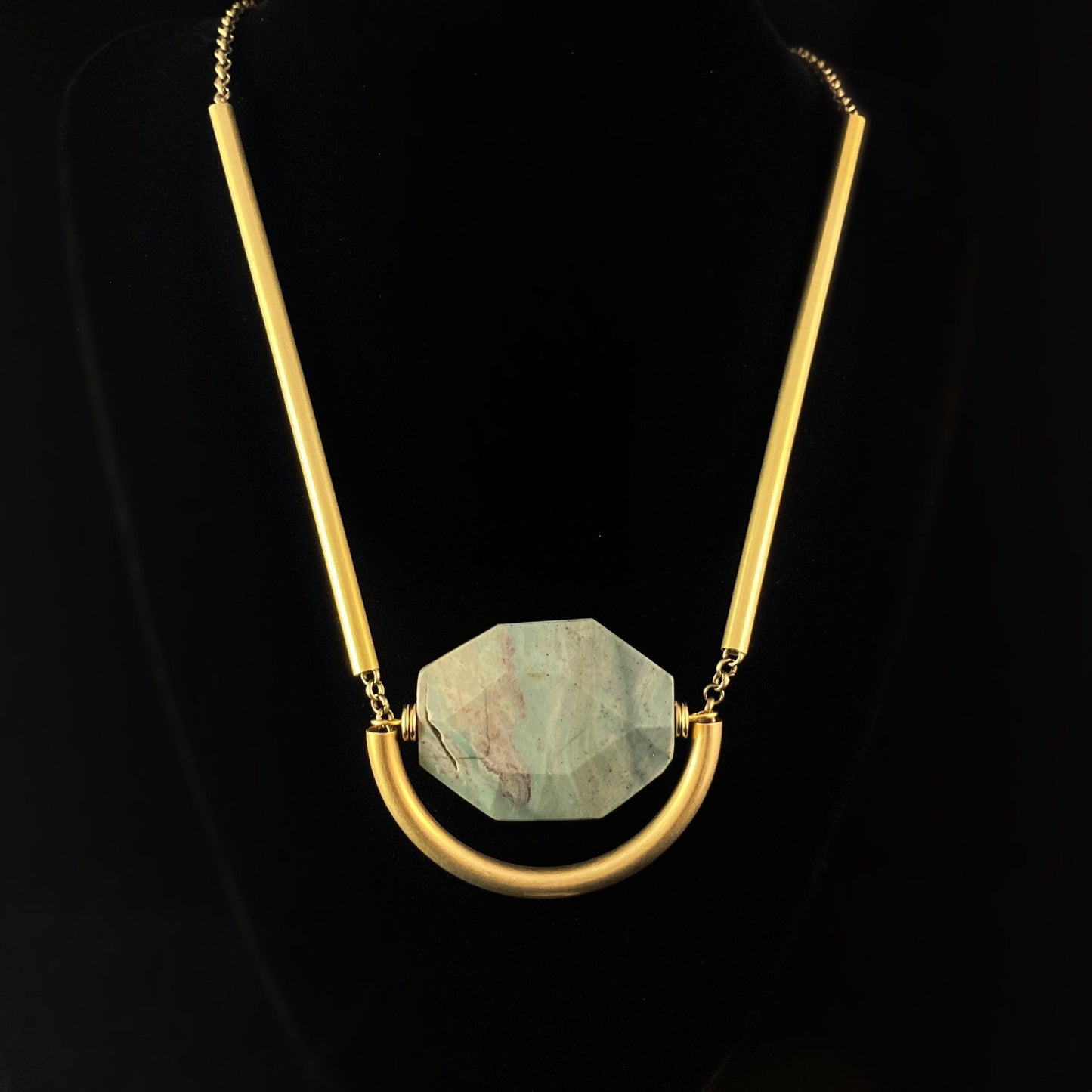 Gold Geometric Art Deco Pendant Necklace - 18kt Gold Necklace with Large Jasper Statement Stone, David Aubrey Jewelry