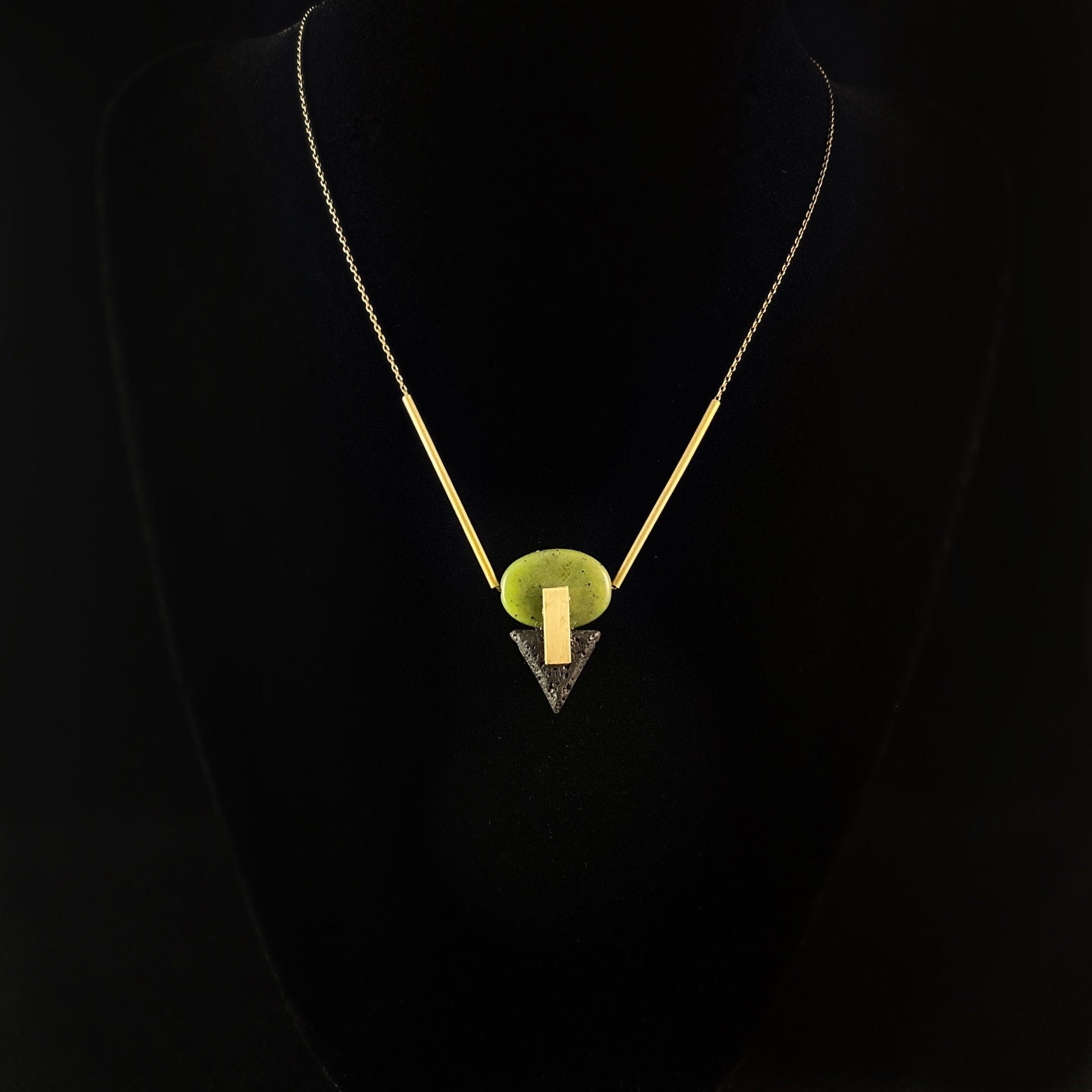 Gold Geometric Art Deco Pendant Necklace - Jade and Lava Stone Necklace with 18kt Gold Plated Detailing, David Aubrey Jewelry