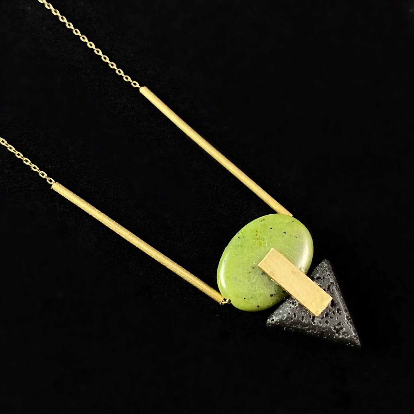 Gold Geometric Art Deco Pendant Necklace - Jade and Lava Stone Necklace with 18kt Gold Plated Detailing, David Aubrey Jewelry