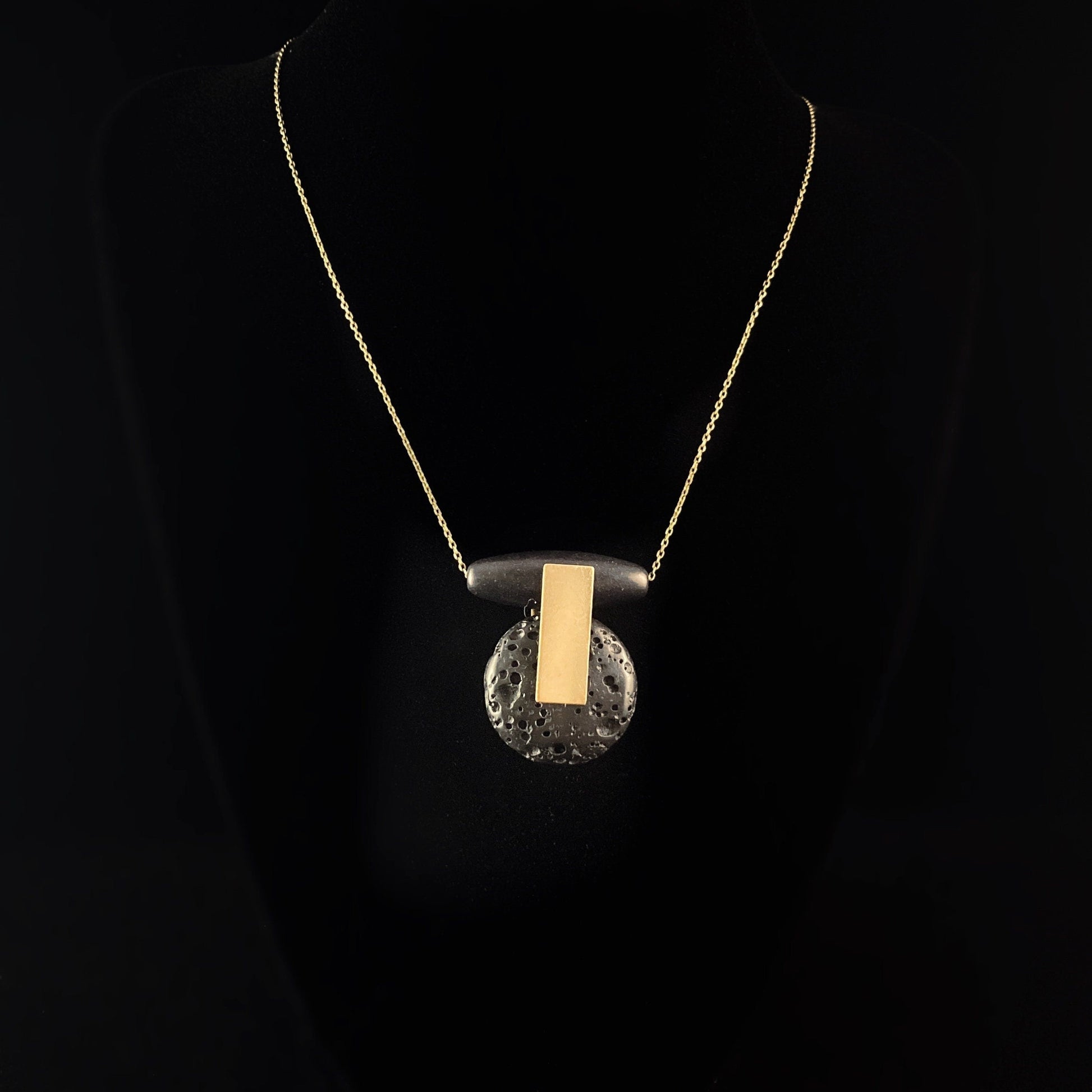 Gold Geometric Art Deco Pendant Necklace - Lava Stone and Magnesite Necklace with 18kt Gold Plated Detailing , David Aubrey Jewelry