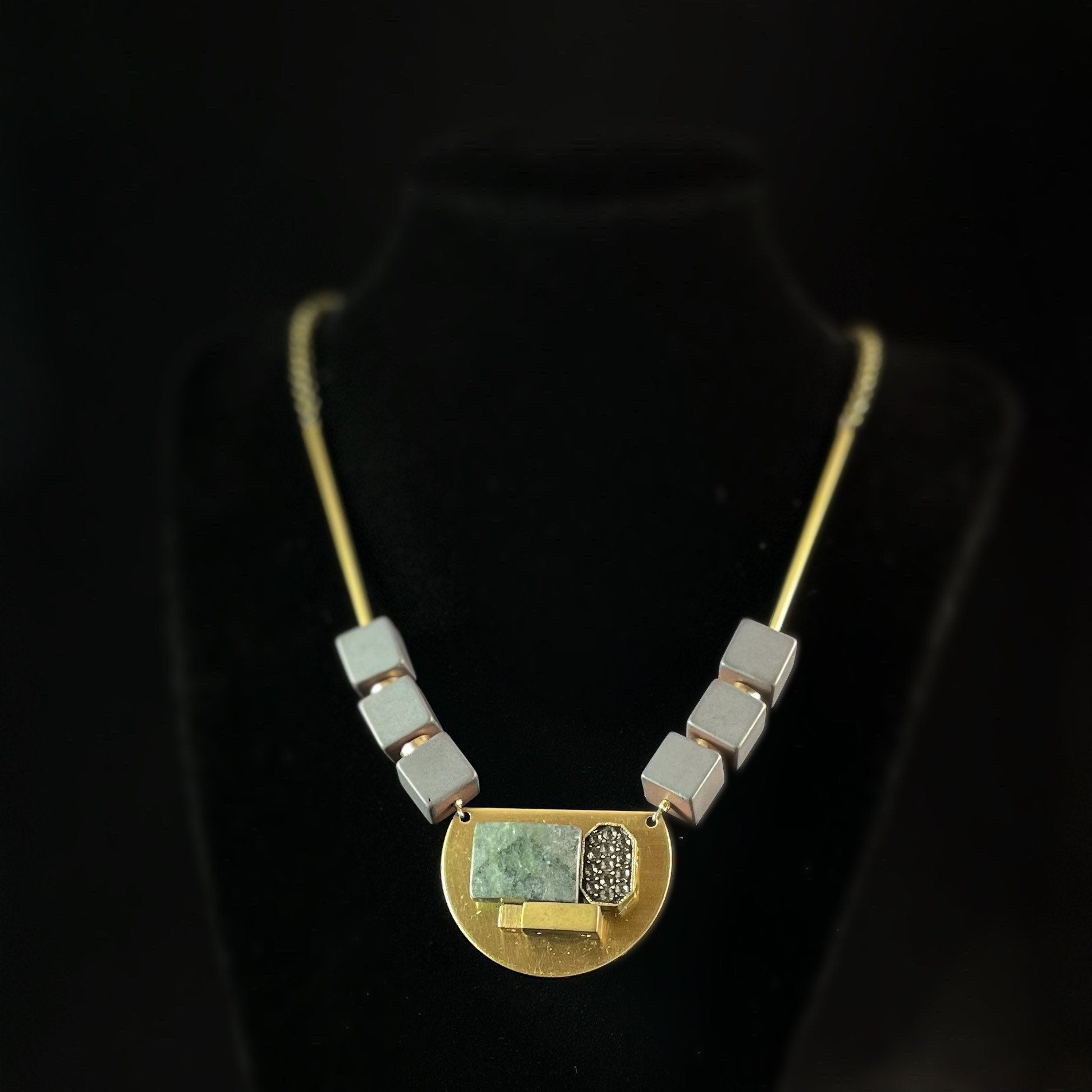 Gold, Green and Gray Geometric Art Deco Style Necklace - Black Agate, Green Marble, Hematite - David Aubrey Jewelry