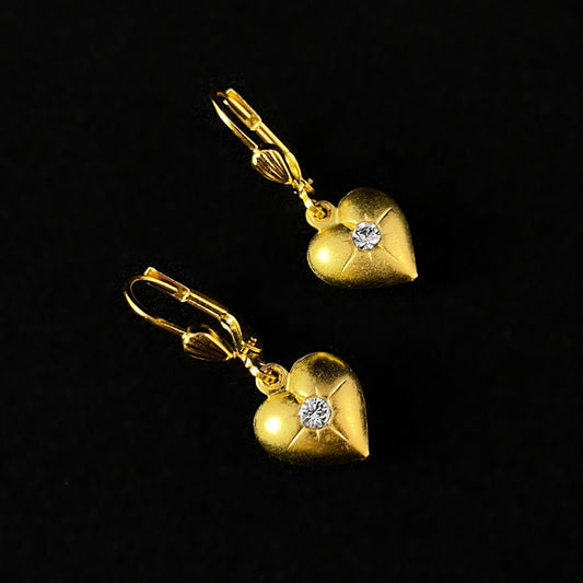 Gold Heart with Clear Swarovski Crystal Drop Earrings - La Vie Parisienne by Catherine Popesco