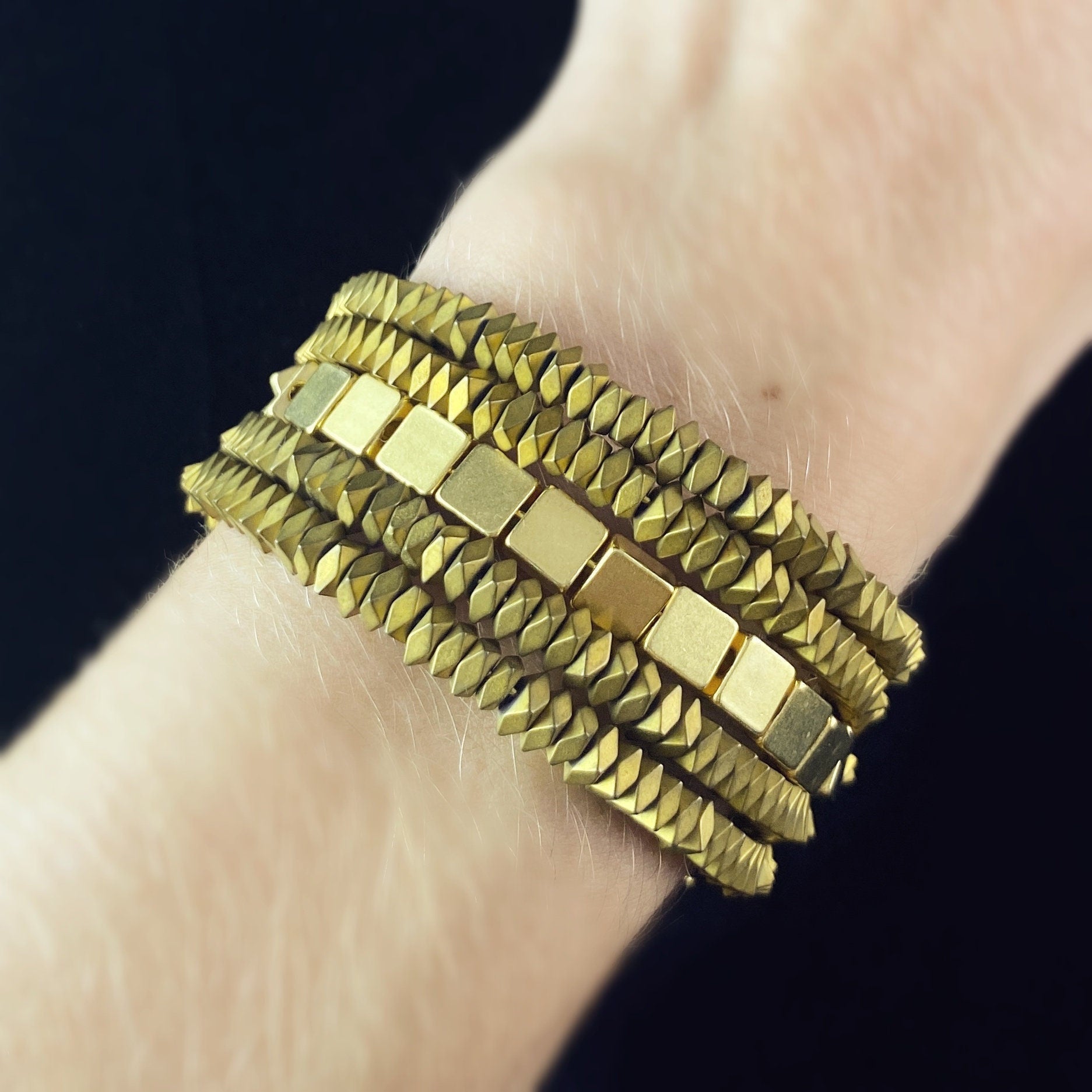 Gold Hematite Wrap Bracelet - Geometric Art Deco Style - David Aubrey Jewelry
