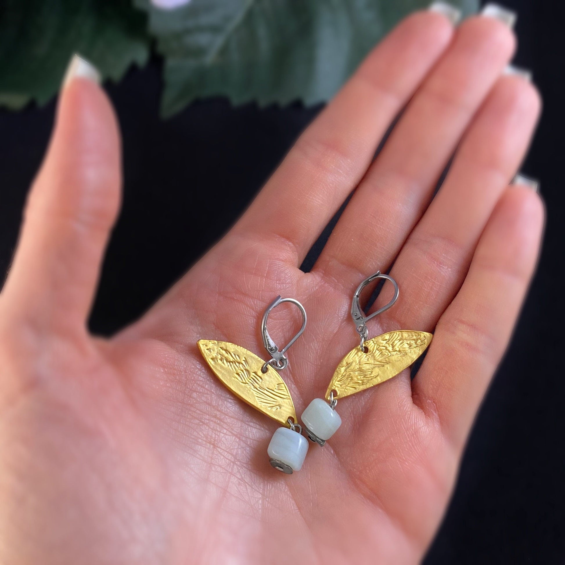 Gold Leaf Earrings with Pale Green Bead - Handmade in Canada, Anne-Marie Chagnon Jewelry