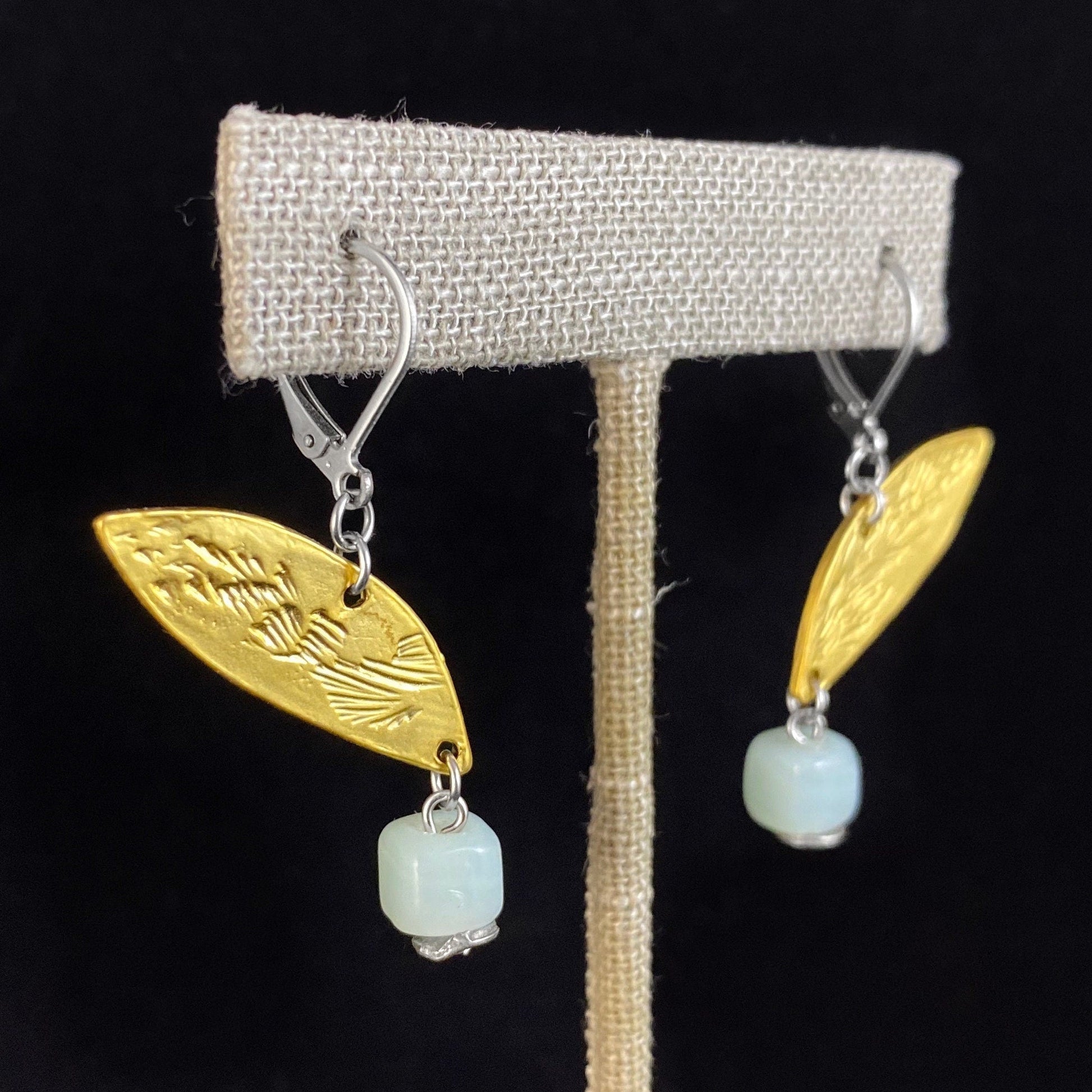 Gold Leaf Earrings with Pale Green Bead - Handmade in Canada, Anne-Marie Chagnon Jewelry