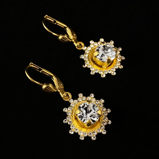 Gold Sunburst Clear Swarovski Crystal Drop Earrings - La Vie Parisienne by Catherine Popesco