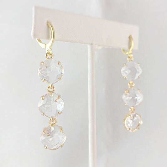 Gold Triple Swarovski Crystal Earrings, Clear - VBC