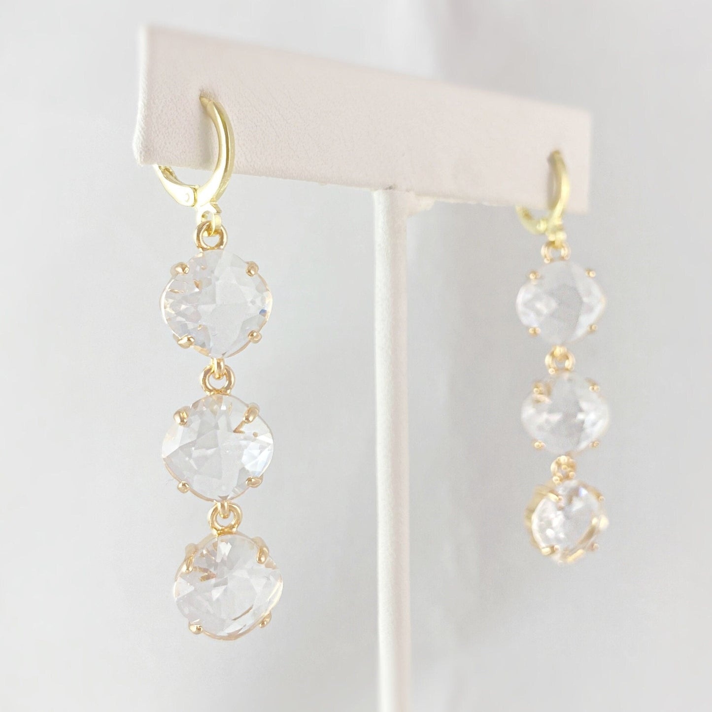Gold Triple Swarovski Crystal Earrings, Clear - VBC