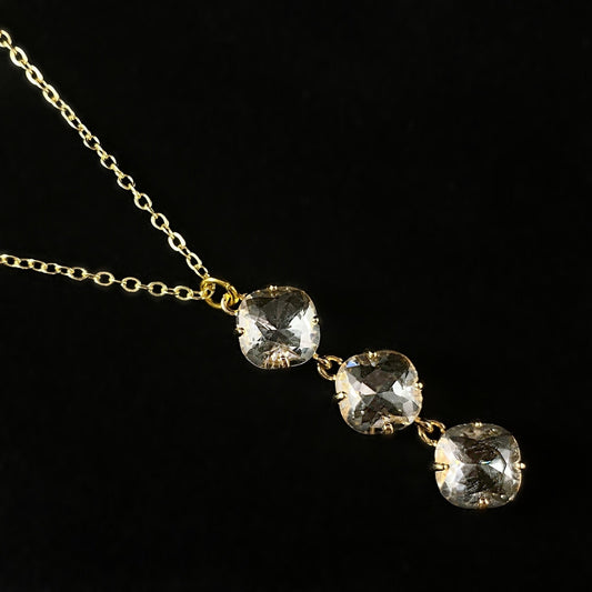 Gold Triple Swarovski Crystal Necklace, Clear - VBC