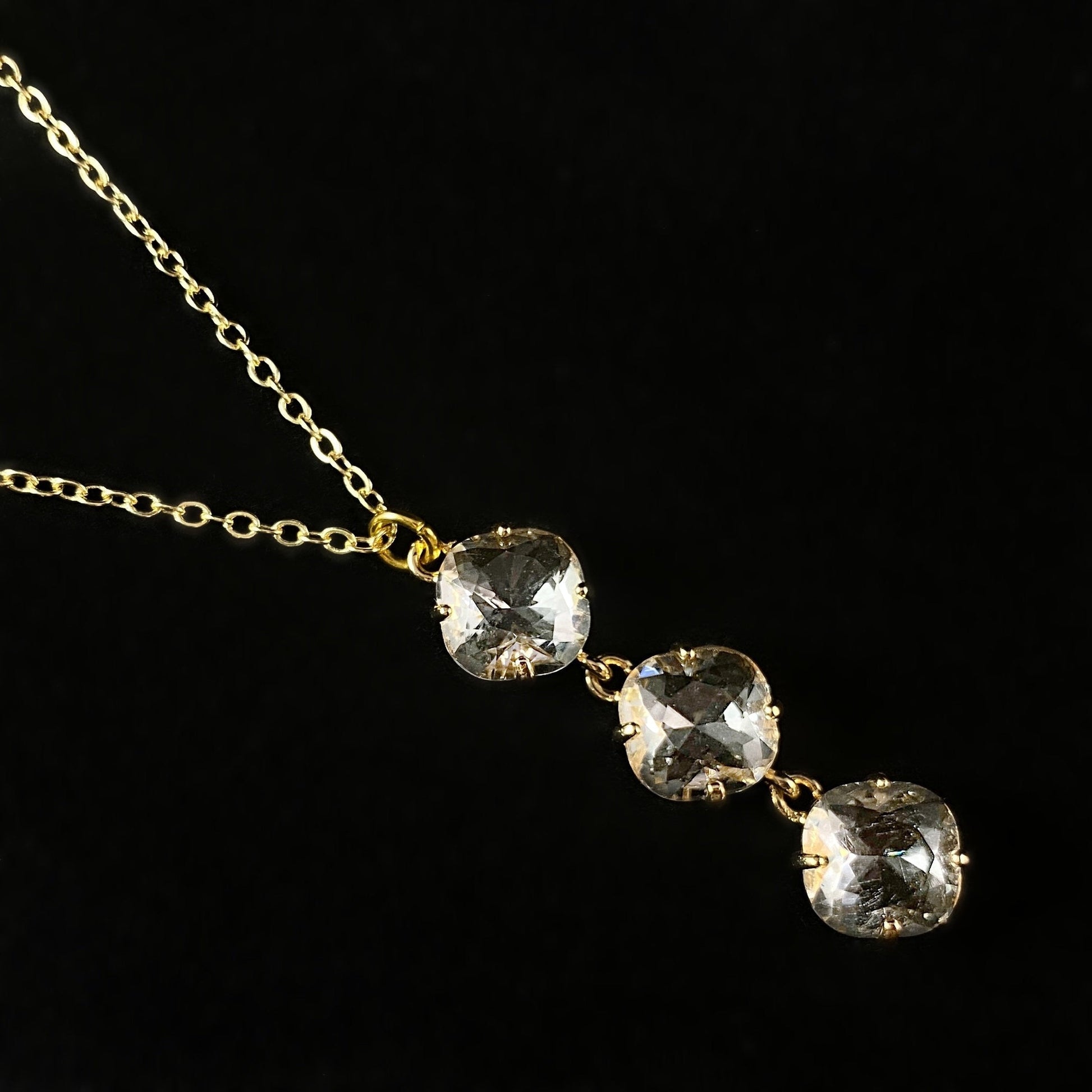 Gold Triple Swarovski Crystal Necklace, Clear - VBC
