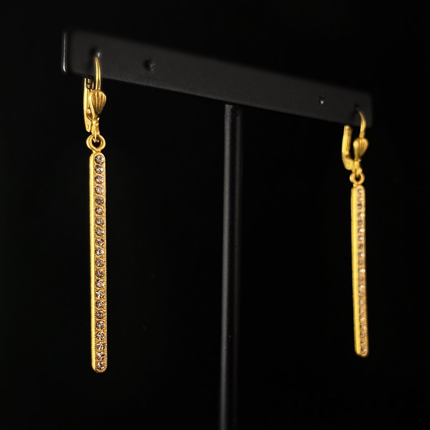 Gold Vertical Bar Earrings with Clear Swarovski Crystals - La Vie Parisienne by Catherine Popesco