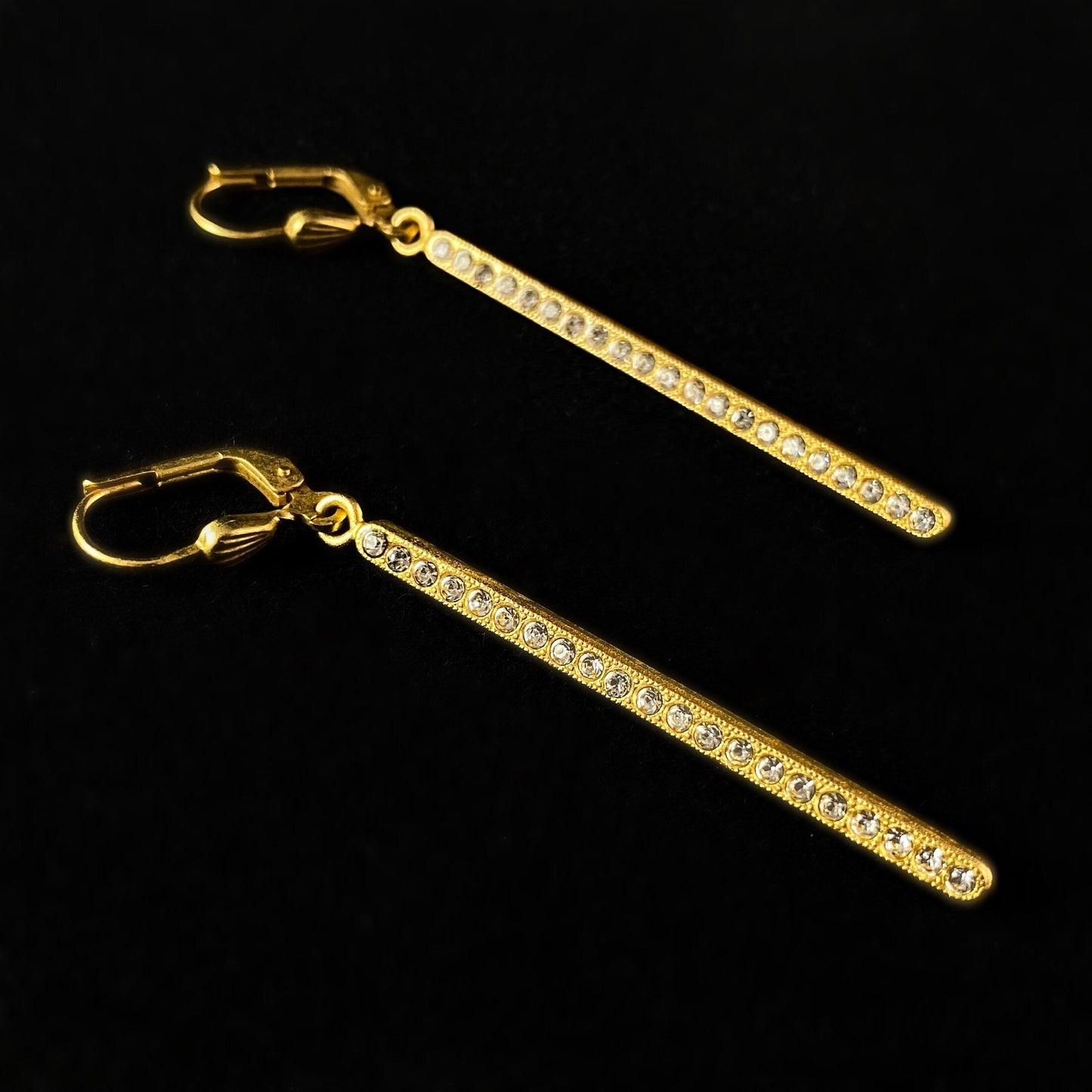 Gold Vertical Bar Earrings with Clear Swarovski Crystals - La Vie Parisienne by Catherine Popesco