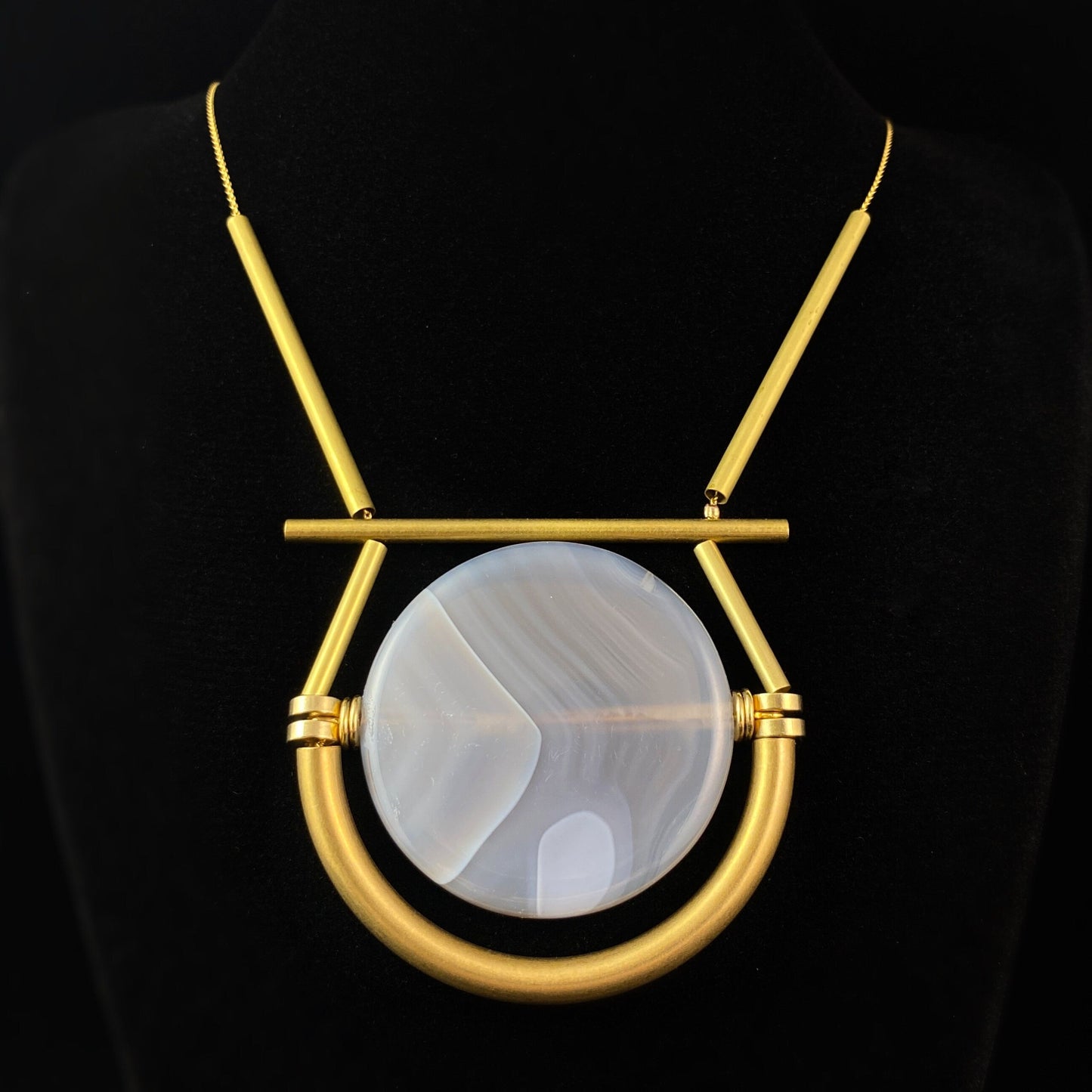 Gray Agate Art Deco Necklace with 18kt Gold Plated Chain and Gold Beading - David Aubrey Jewelry