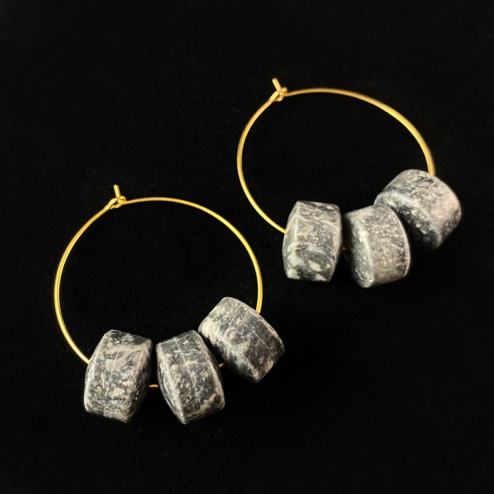 Gray Agate Beaded Hoop Earrings - 18kt Gold Over Brass with Large Agate Beads , David Aubrey Jewelry