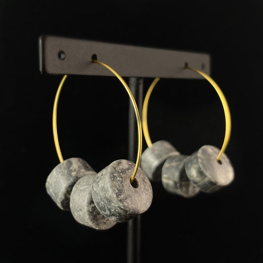 Gray Agate Beaded Hoop Earrings - 18kt Gold Over Brass with Large Agate Beads , David Aubrey Jewelry