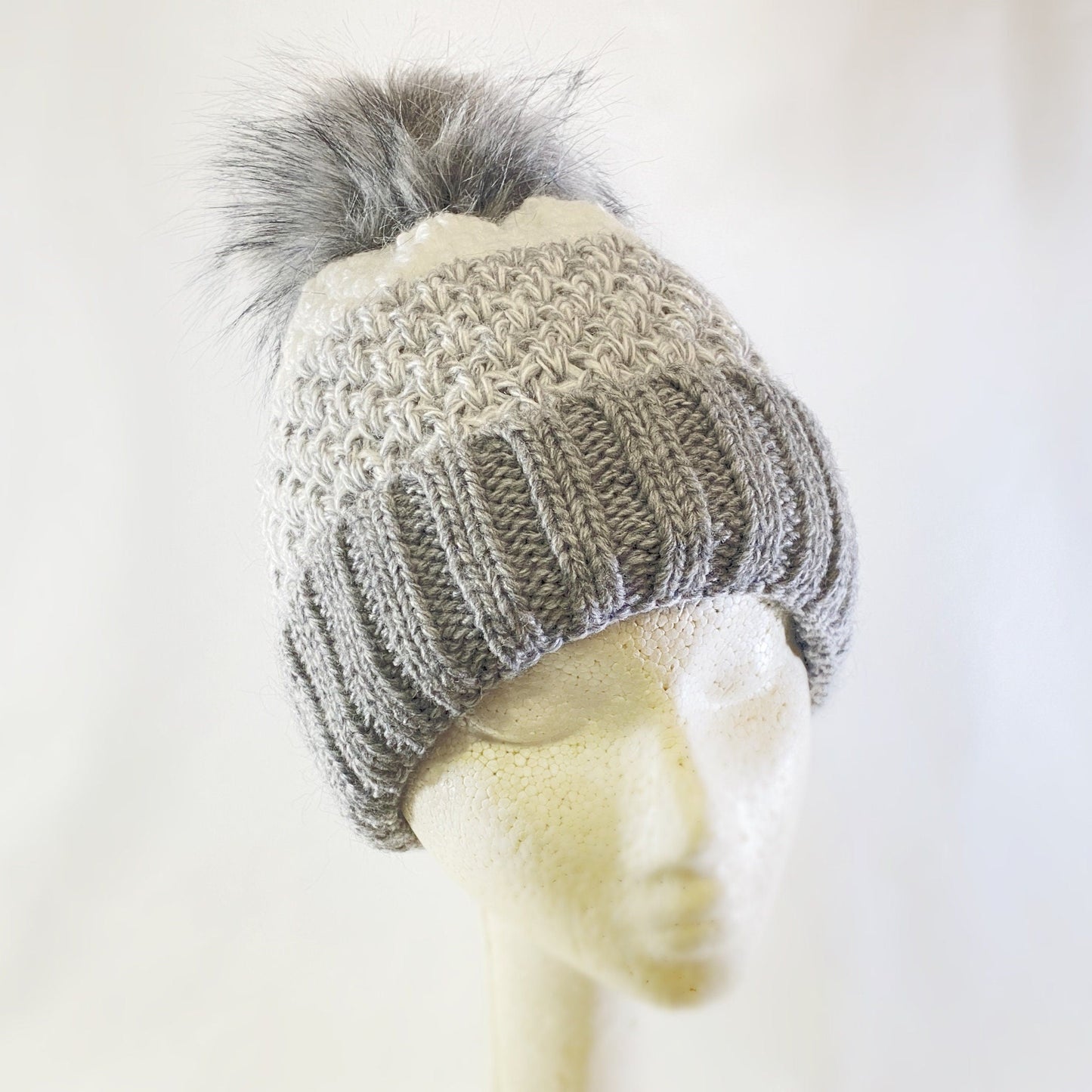Gray and White Winter Beanie With Pompom - Made From Italian Wool, Acrylic Yarn, and Faux Fur