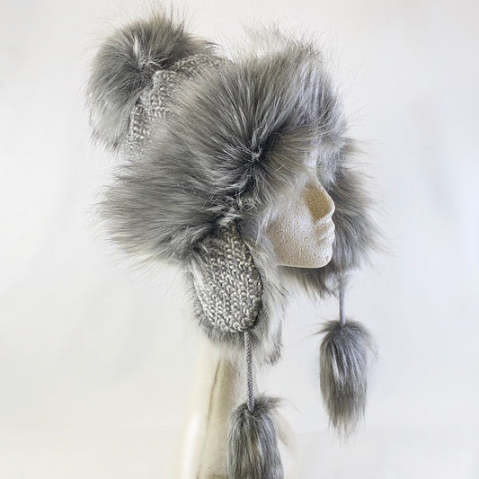 Gray and White Winter Hat With Flaps and Pom Poms - Made From Italian Wool, Acrylic Yarn, and Faux Fur