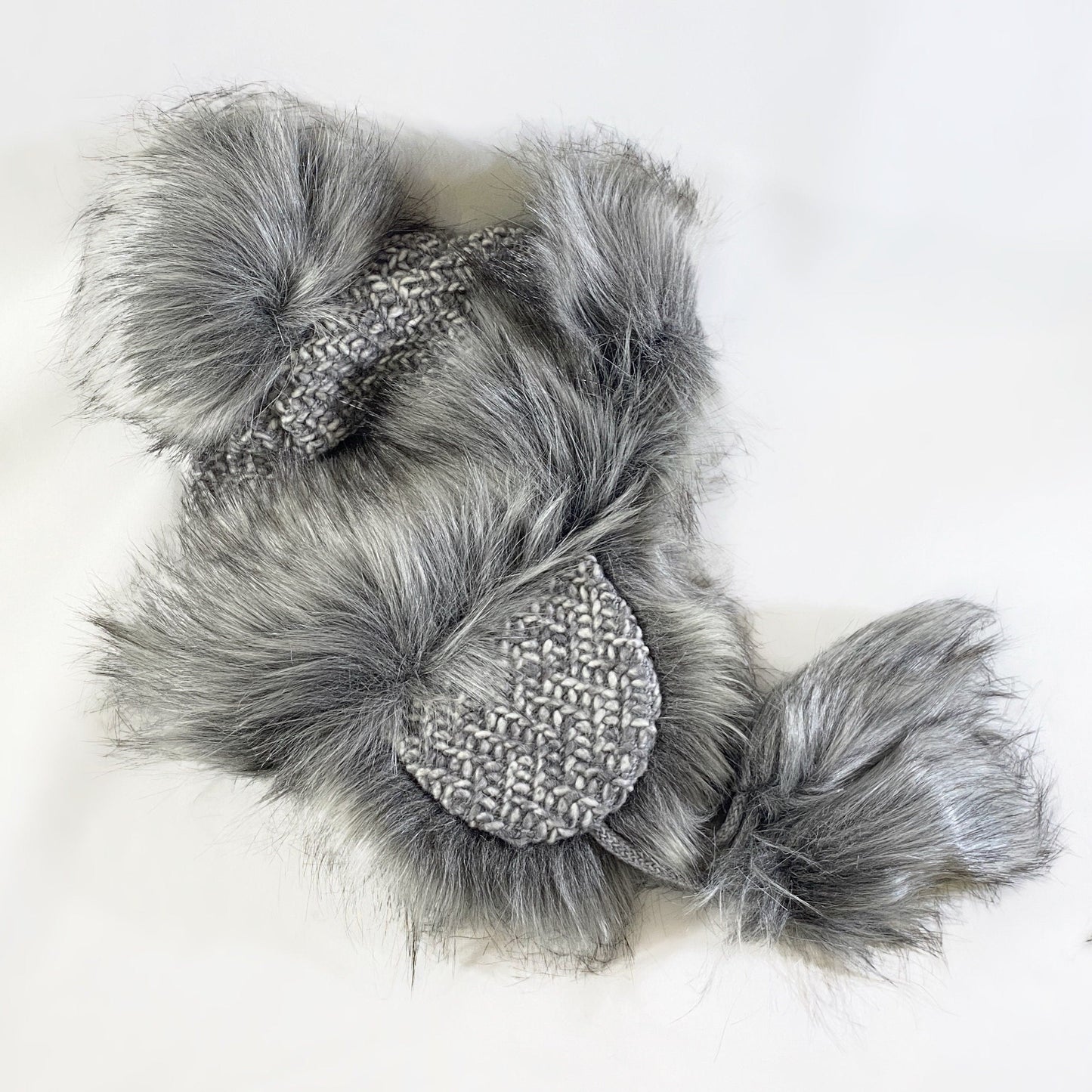 Gray and White Winter Hat With Flaps and Pom Poms - Made From Italian Wool, Acrylic Yarn, and Faux Fur