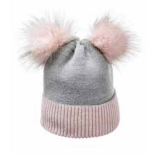 Gray/Pink Winter Beanie With Two Pompoms - Made