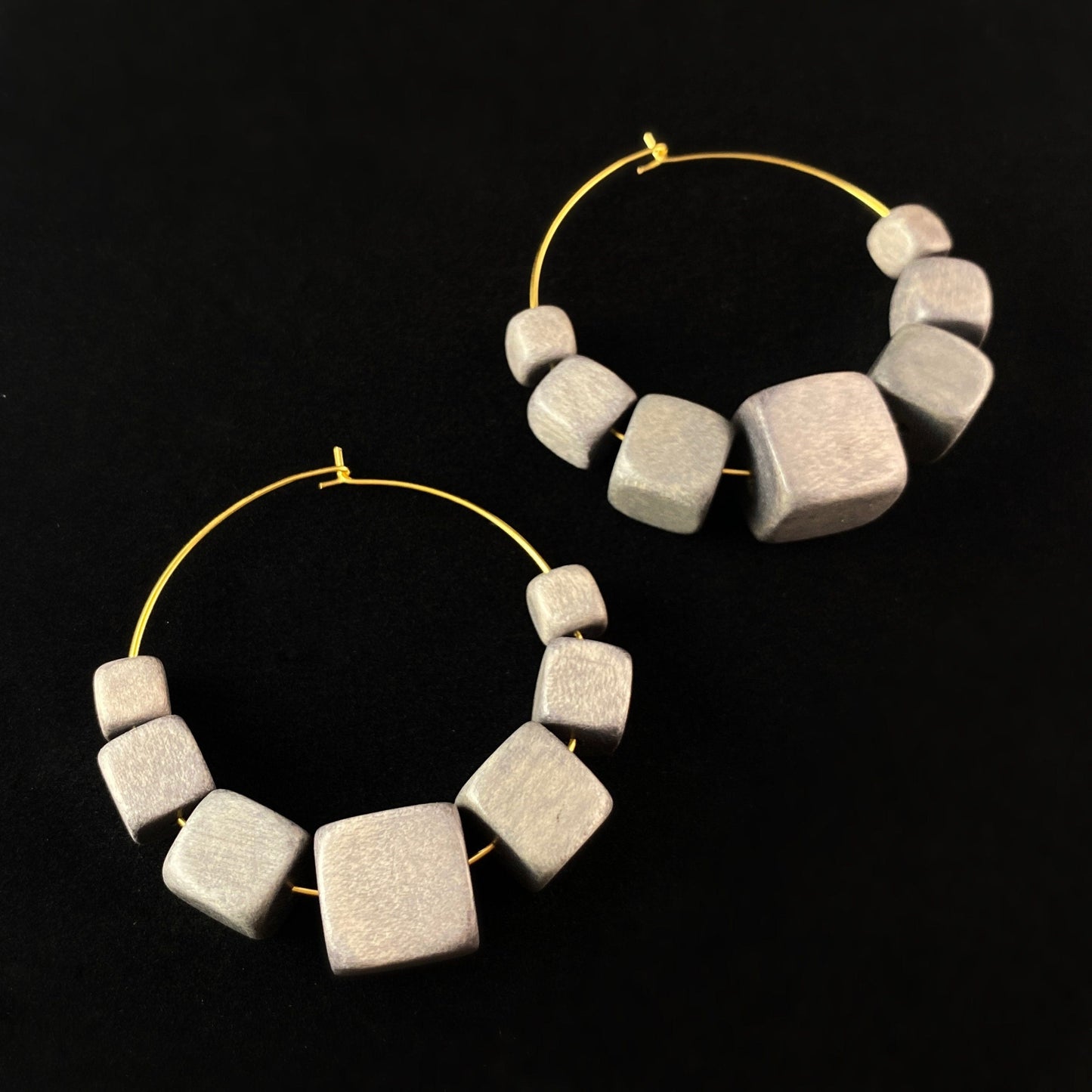 Gray Wooden Beaded Hoop Earrings - 18kt Gold Over Brass with Wood Cube Beads , David Aubrey Jewelry