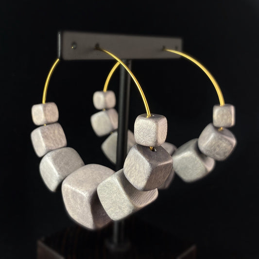 Gray Wooden Beaded Hoop Earrings - 18kt Gold Over Brass with Wood Cube Beads , David Aubrey Jewelry