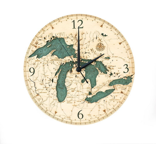 Great Lakes 2 Dimensional Wooden Wall Clock - 12 inch Diameter