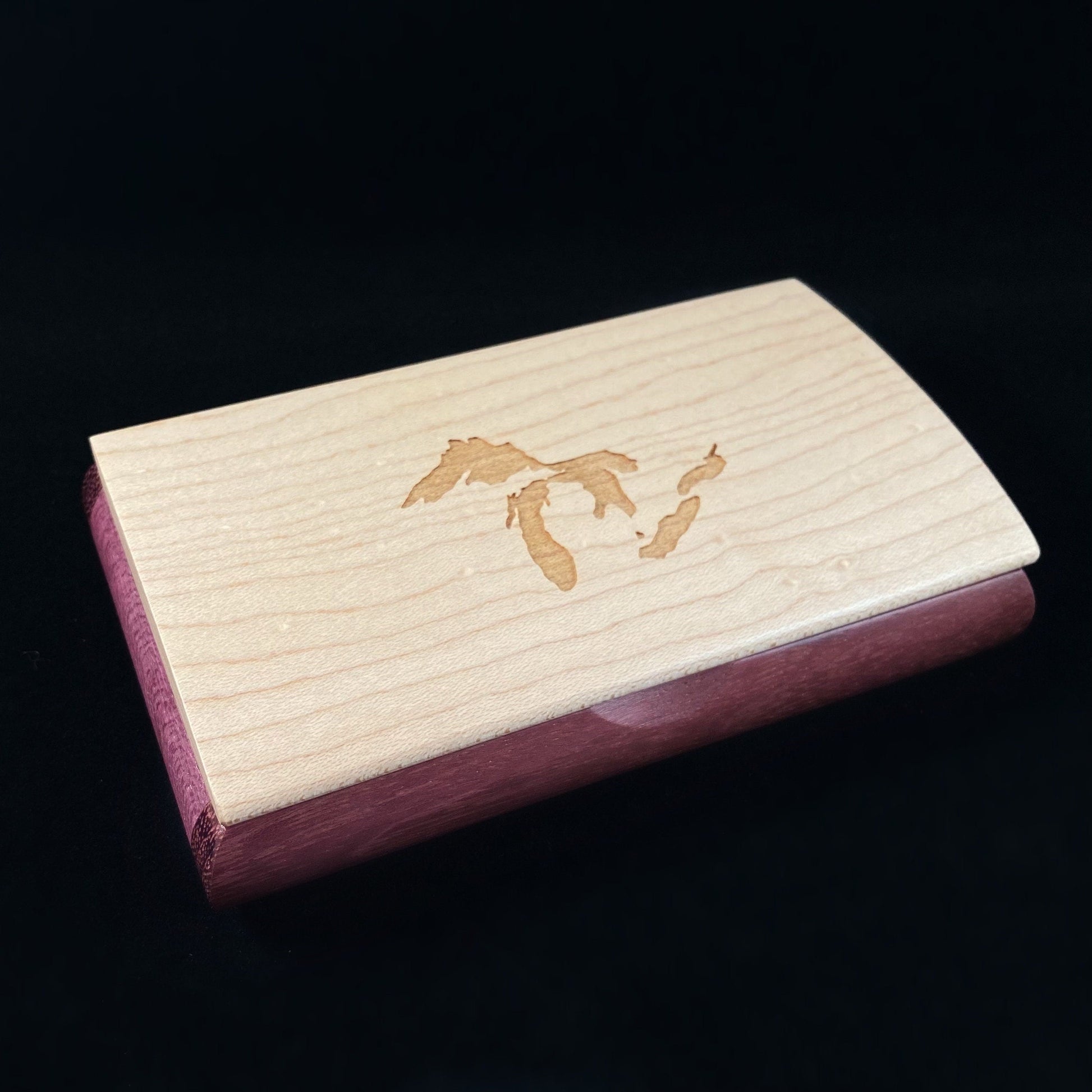 Great Lakes Handmade Wooden Box - Curly Maple and Purpleheart, Made in USA