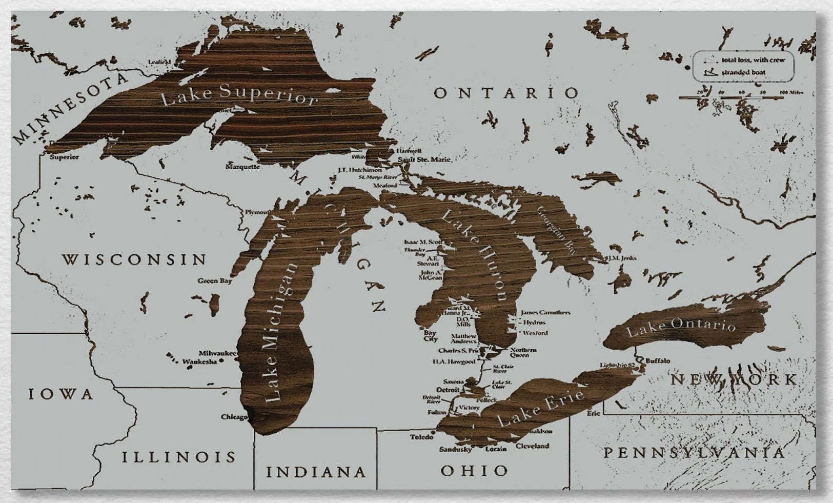 Great Lakes Shipwrecks Wall Art - Handmade in USA, Wood Maps