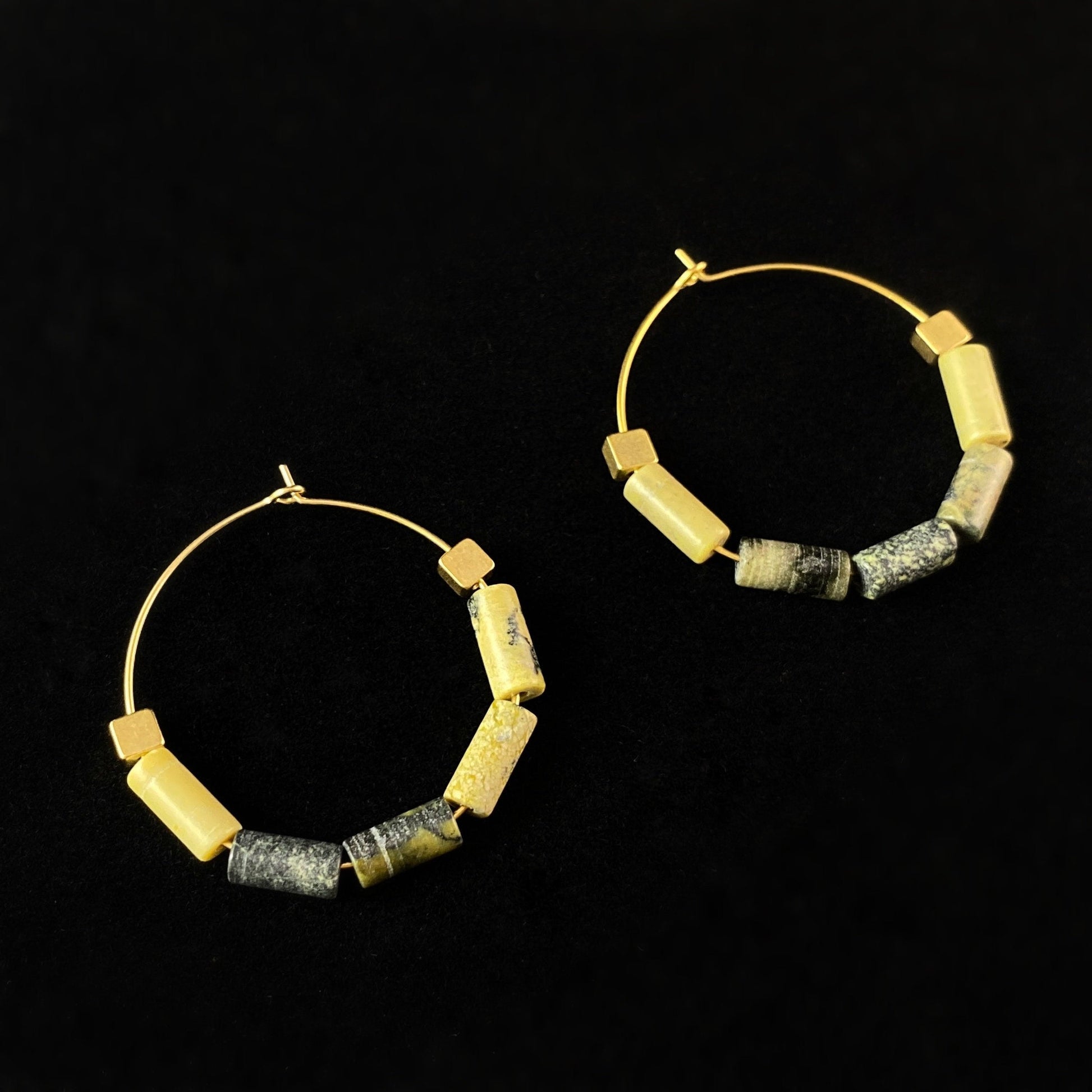 Green and Gold Beaded Hoop Earrings - 18kt Gold Over Brass with Jasper and Brass Beads , David Aubrey Jewelry