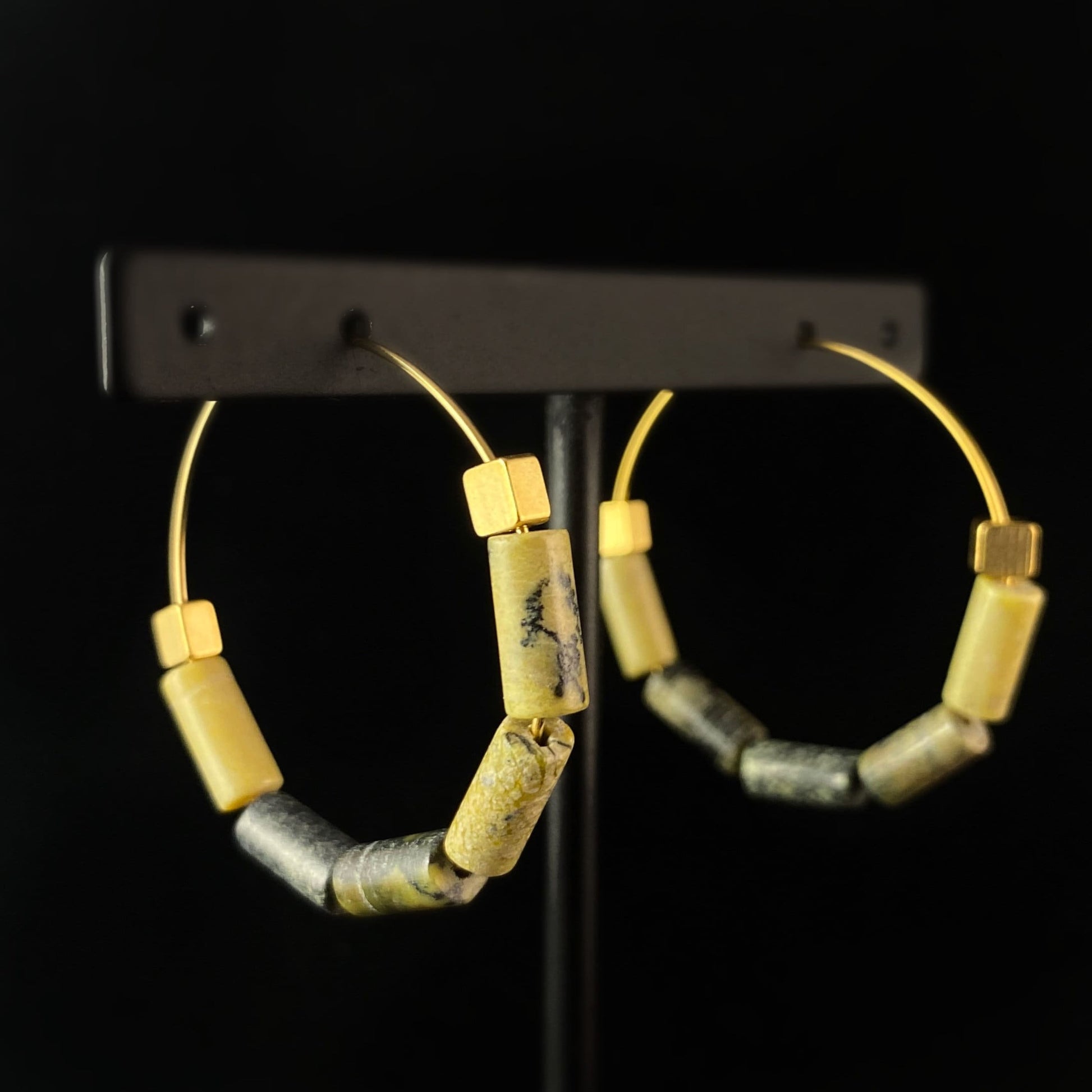 Green and Gold Beaded Hoop Earrings - 18kt Gold Over Brass with Jasper and Brass Beads , David Aubrey Jewelry