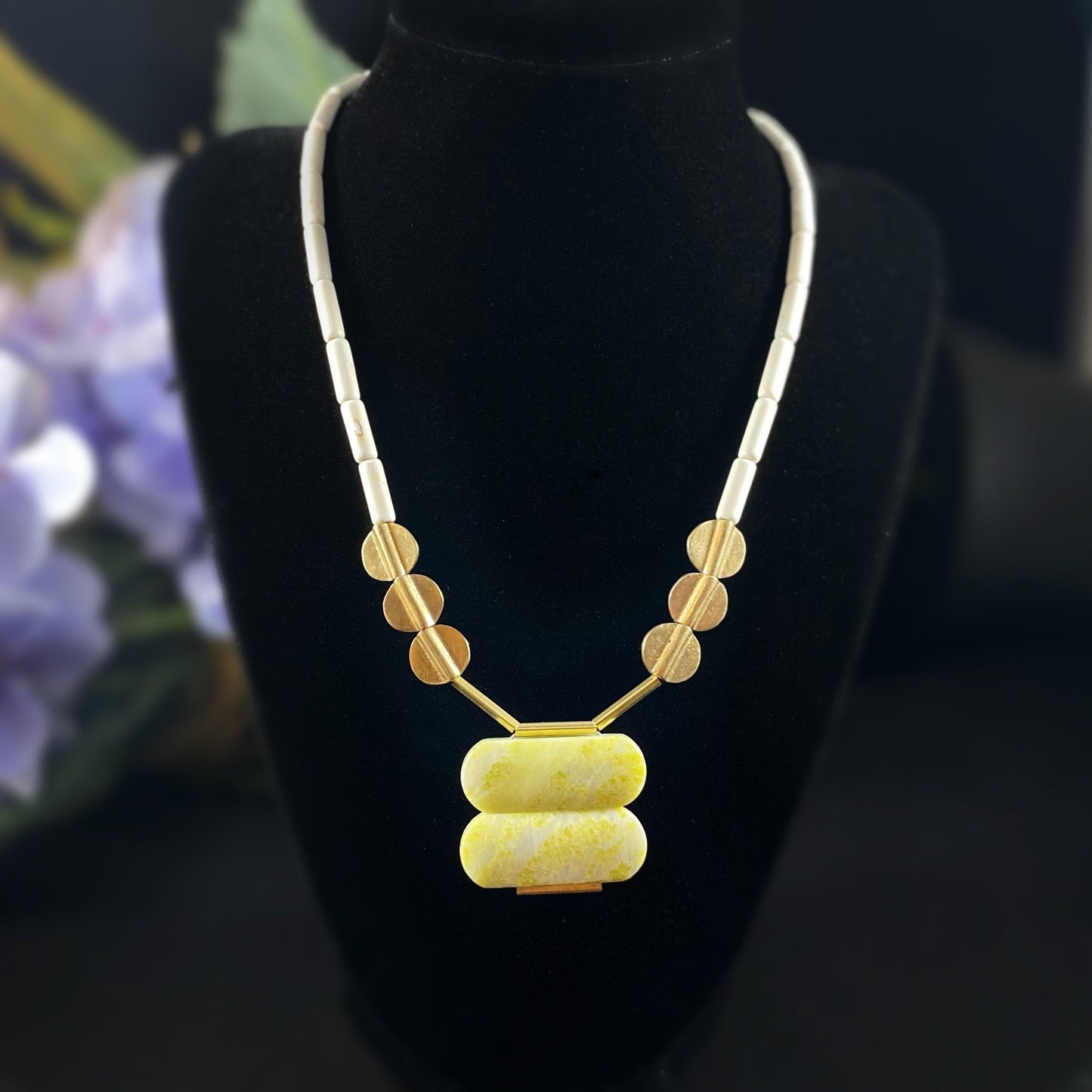 Green and Gold Geometric Art Deco Style Necklace - 18kt Gold Over Brass with Magnesite and Serpentine - David Aubrey Jewelry