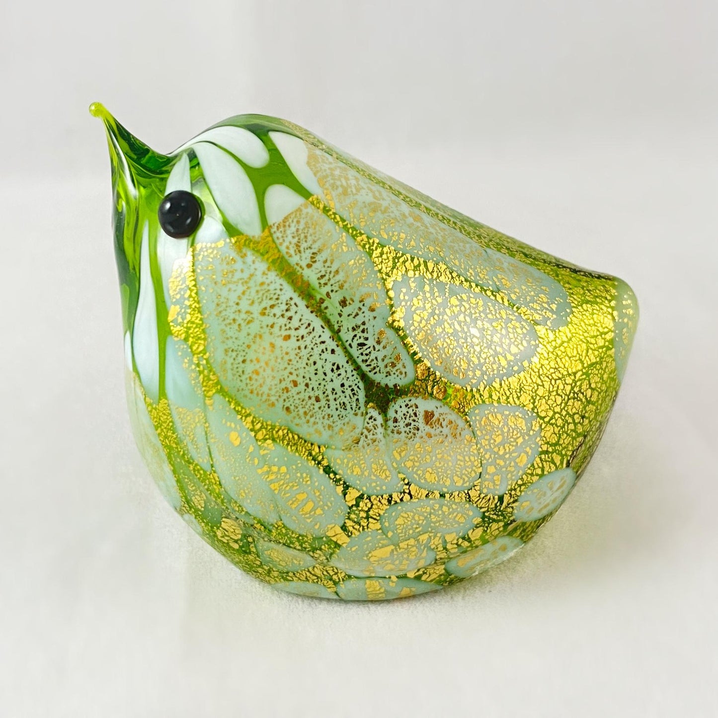 Green and Gold Venetian Glass Chubby Bird - Handmade in Italy, Colorful Murano Glass
