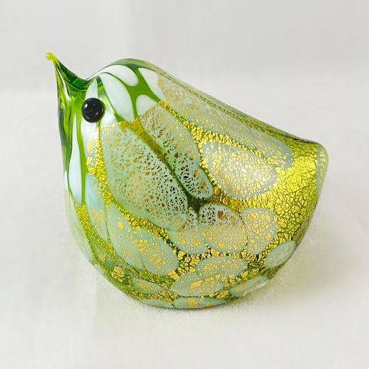 Green and Gold Venetian Glass Chubby Bird - Handmade in Italy, Colorful Murano Glass