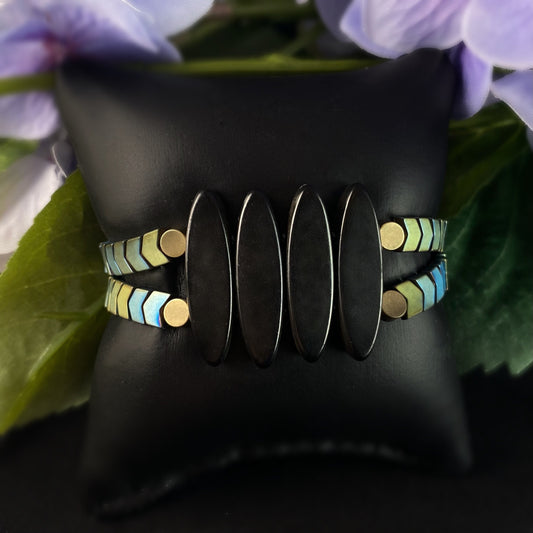 Green Hematite and Black Magnesite Ellipse Bracelet - Geometric Art Deco Style - David Aubrey Jewelry