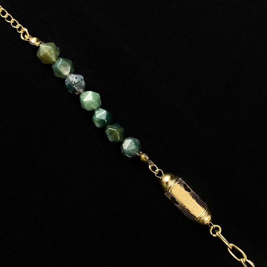 Green Natural Stone Bracelet with Love Calligraphy and Dainty Gold Heart Detailing