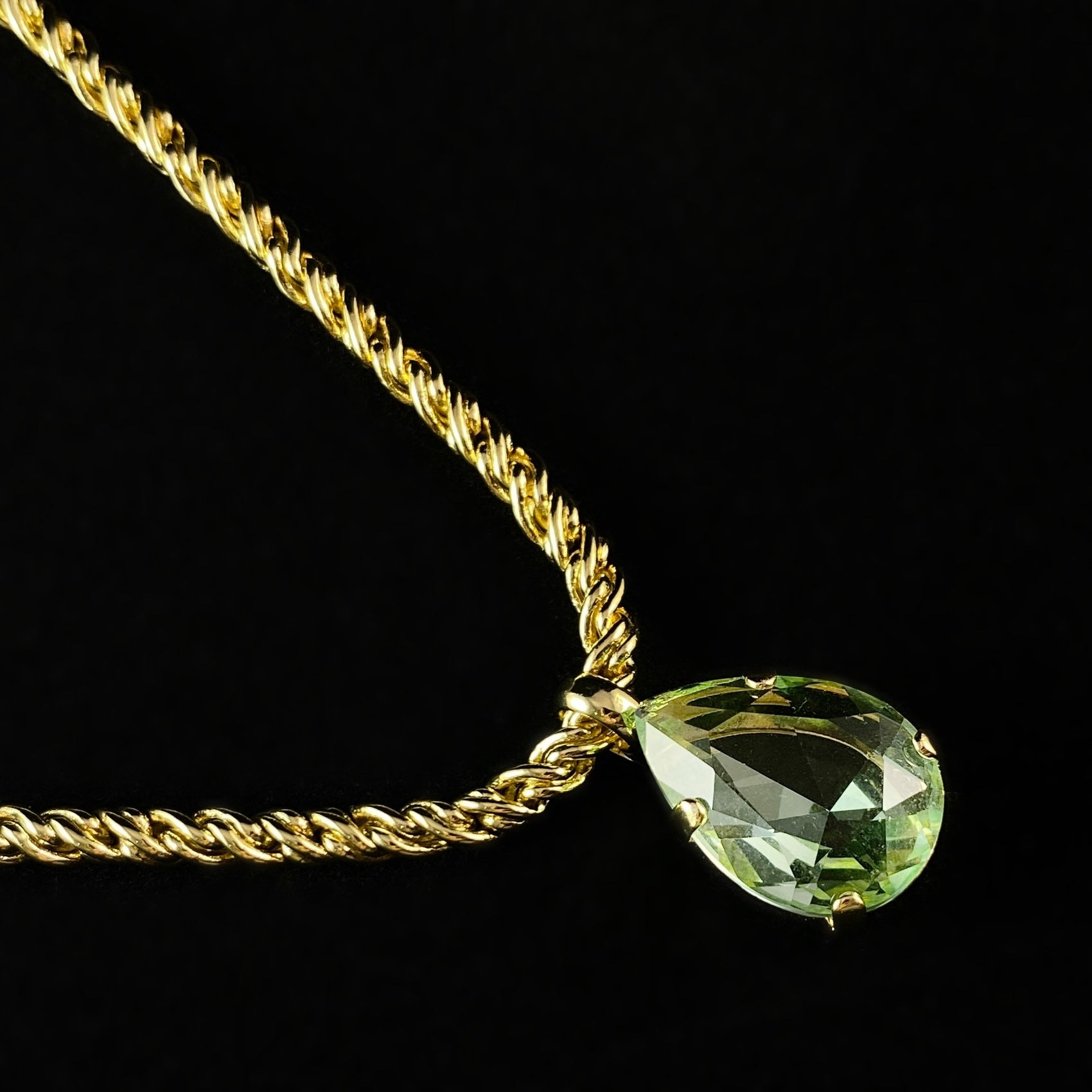 Green Pear Cut Crystal Pendant Adjustable Rope Chain