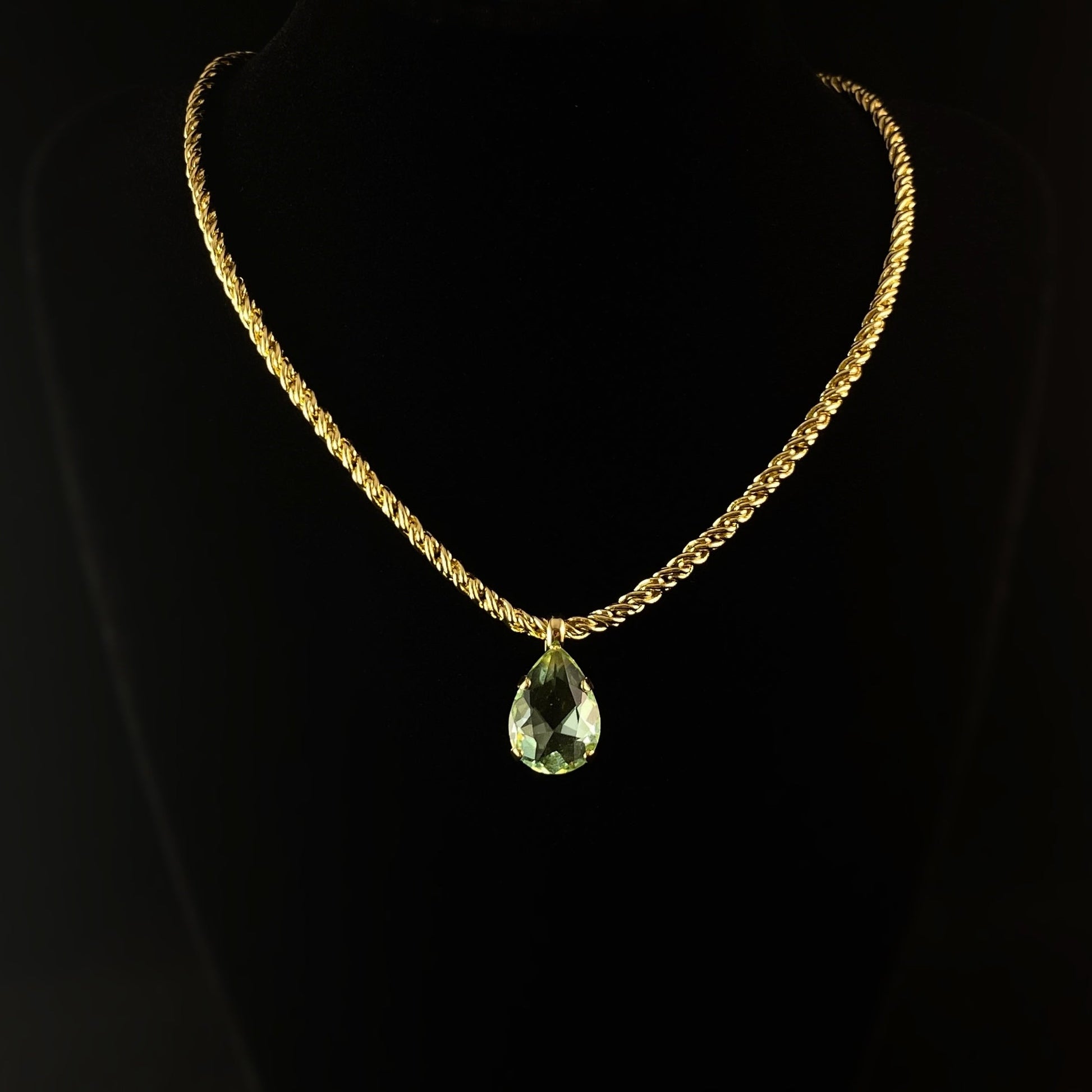 Green Pear Cut Crystal Pendant Adjustable Rope Chain