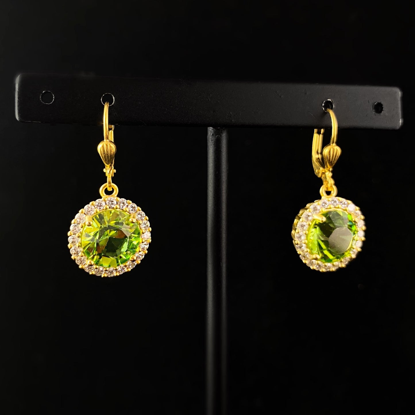 Green Round Cut Swarovski Crystal Drop Earrings with Tiny Crystal Border - La Vie Parisienne by Catherine Popesco