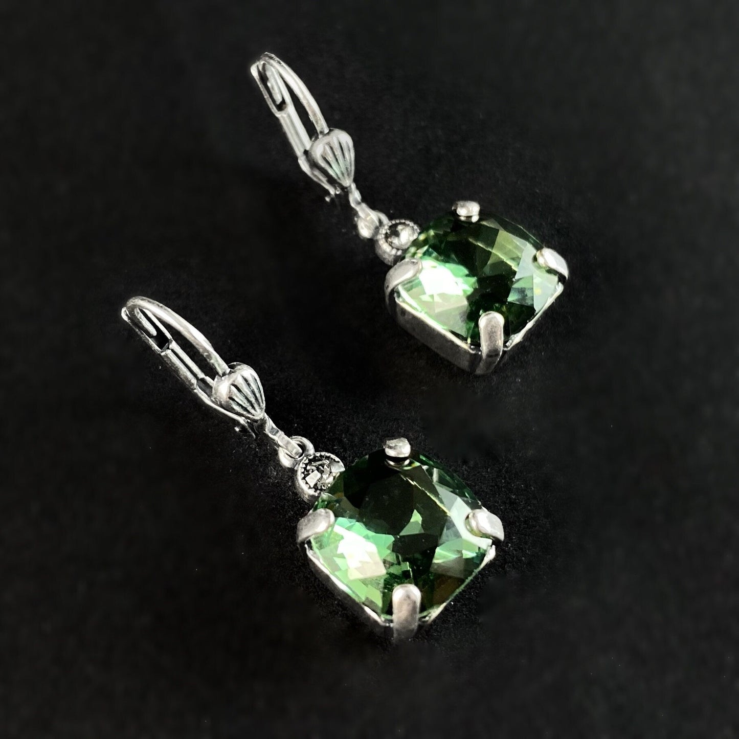 Green Square Cut Swarovski Crystal Drop Earrings - La Vie Parisienne by Catherine Popesco