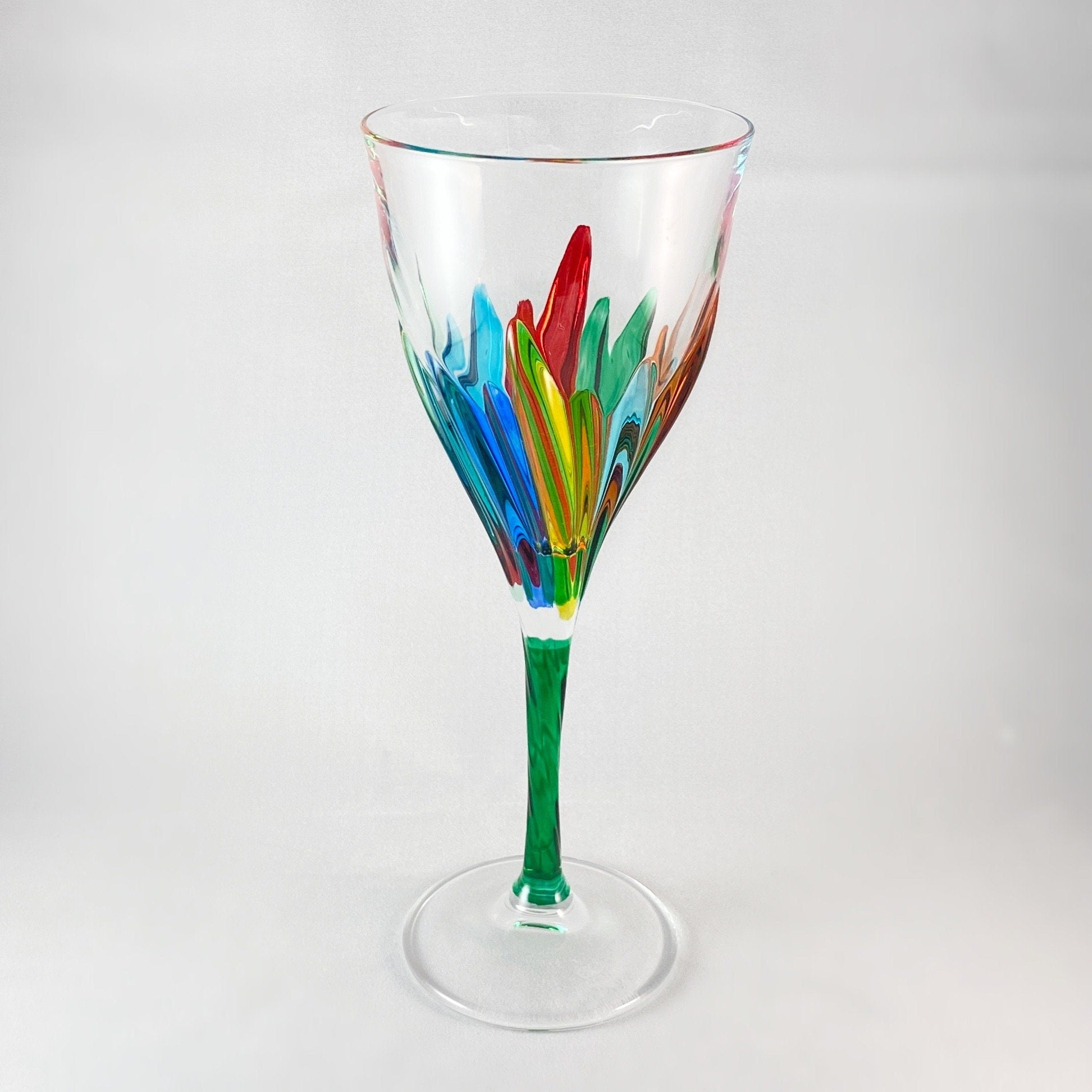 Green Stem Fluente Venetian Wine Glass - Handmade in Italy, Colorful Murano Glass