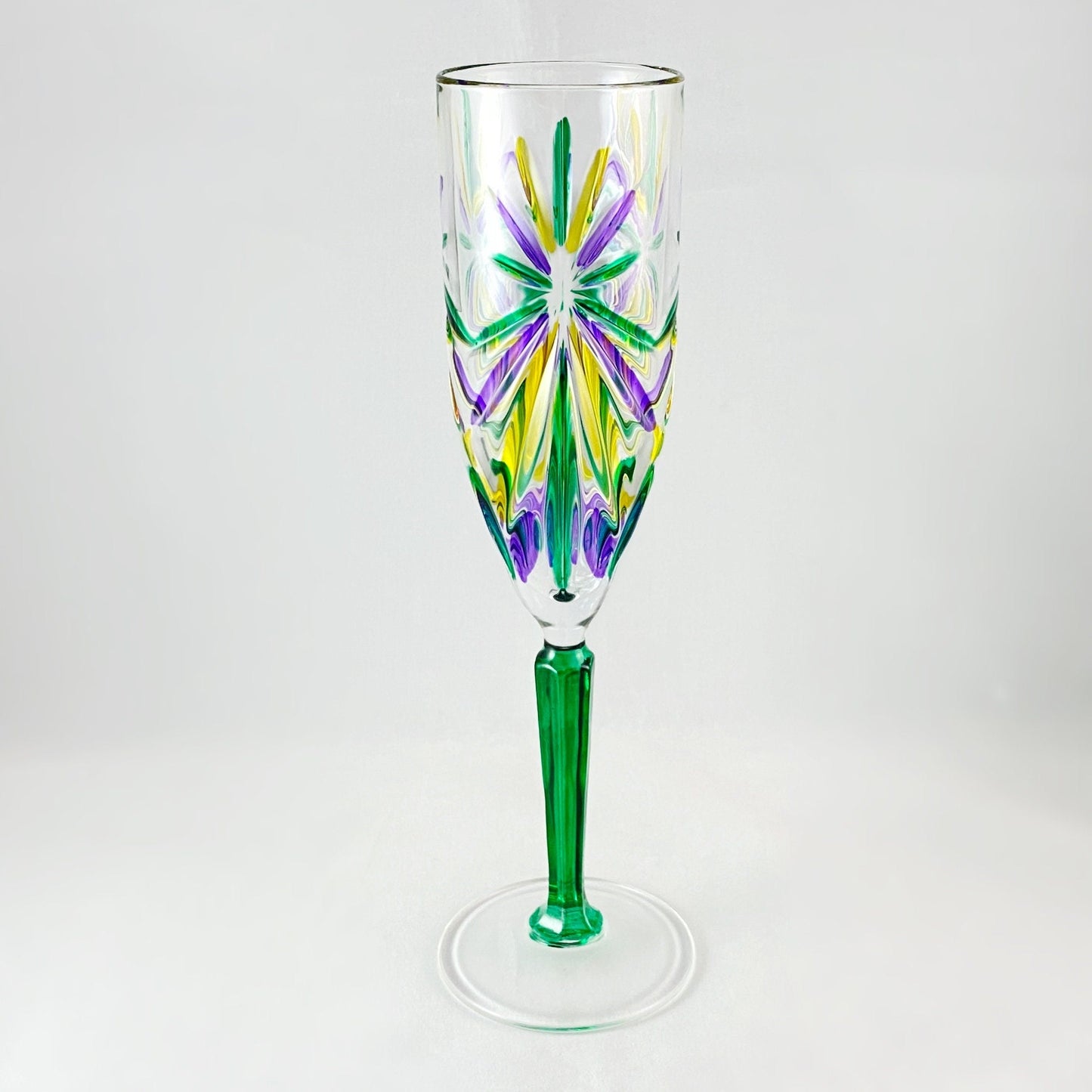 Green Stem Oasis Mardi Gras Venetian Glass Champagne Flute - Handmade in Italy, Colorful Murano Glass