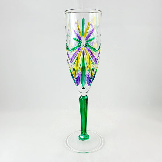 Green Stem Oasis Mardi Gras Venetian Glass Champagne Flute - Handmade in Italy, Colorful Murano Glass