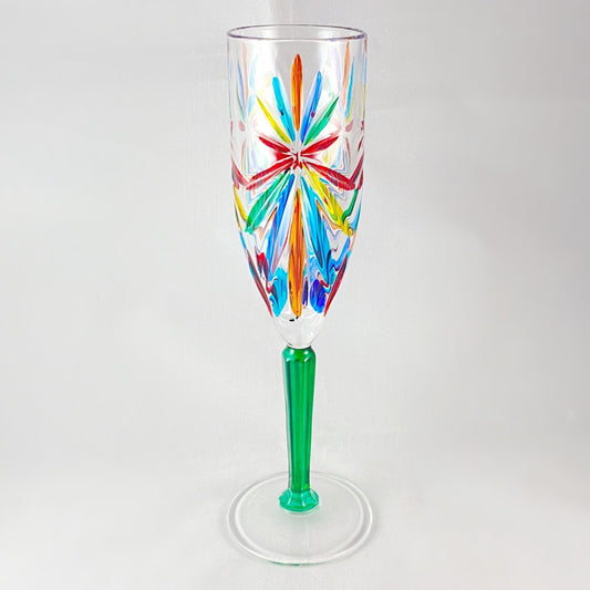Green Stem Oasis Venetian Glass Champagne Flute - Handmade in Italy, Colorful Murano Glass