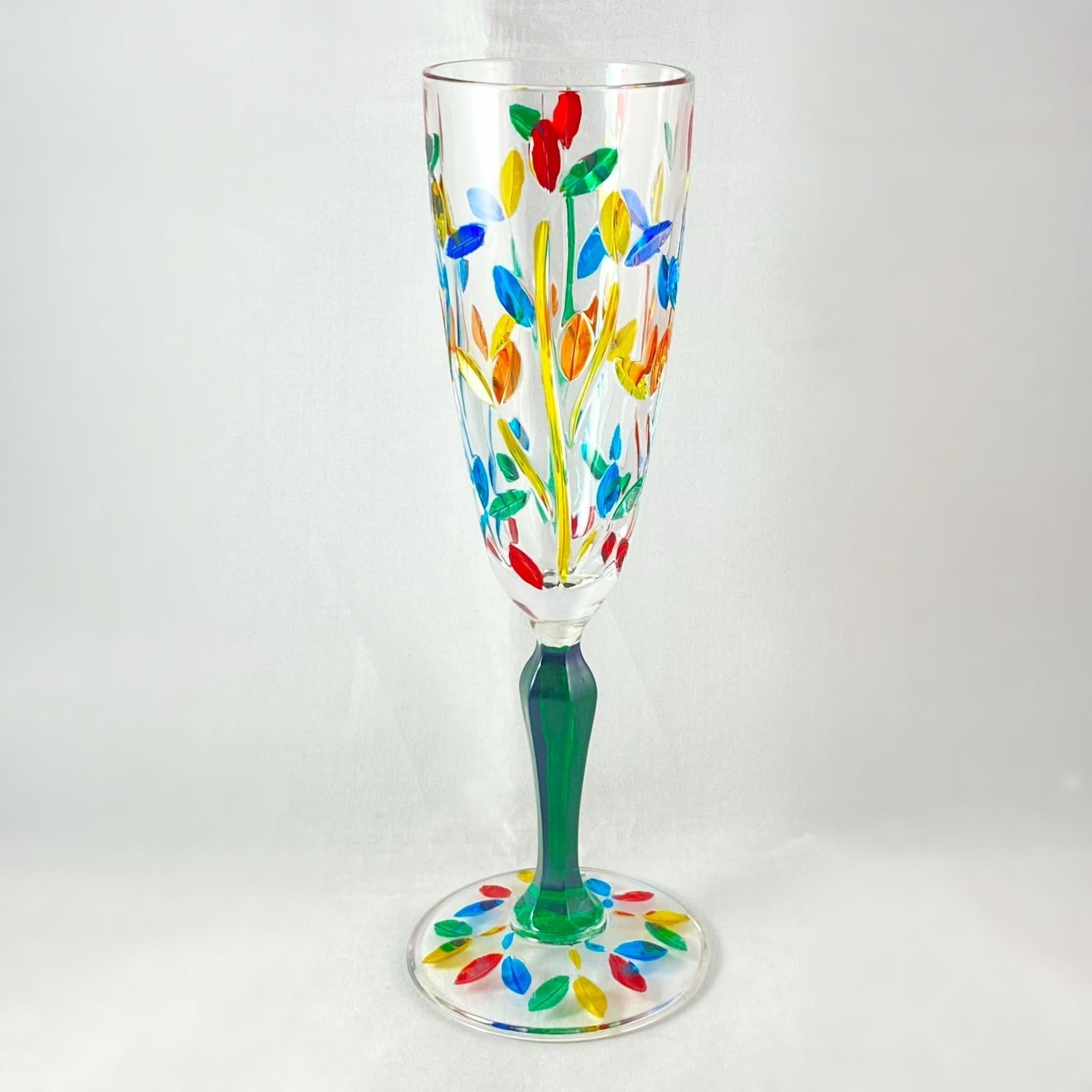 Green Stem Tree of Life Venetian Glass Champagne Flute - Handmade in Italy, Colorful Murano Glass