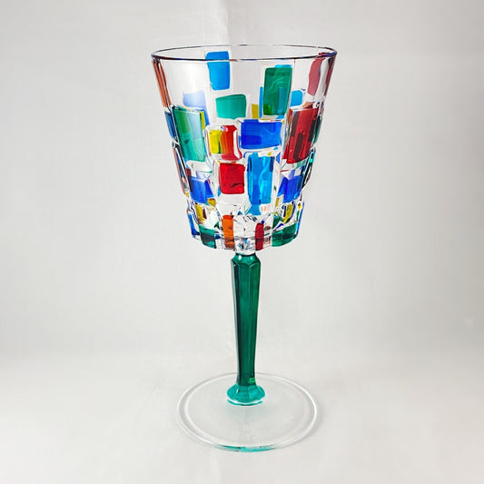 Green Stem Venetian Glass Frank Lloyd Wright Wine Glass - Handmade in Italy, Colorful Murano Glass