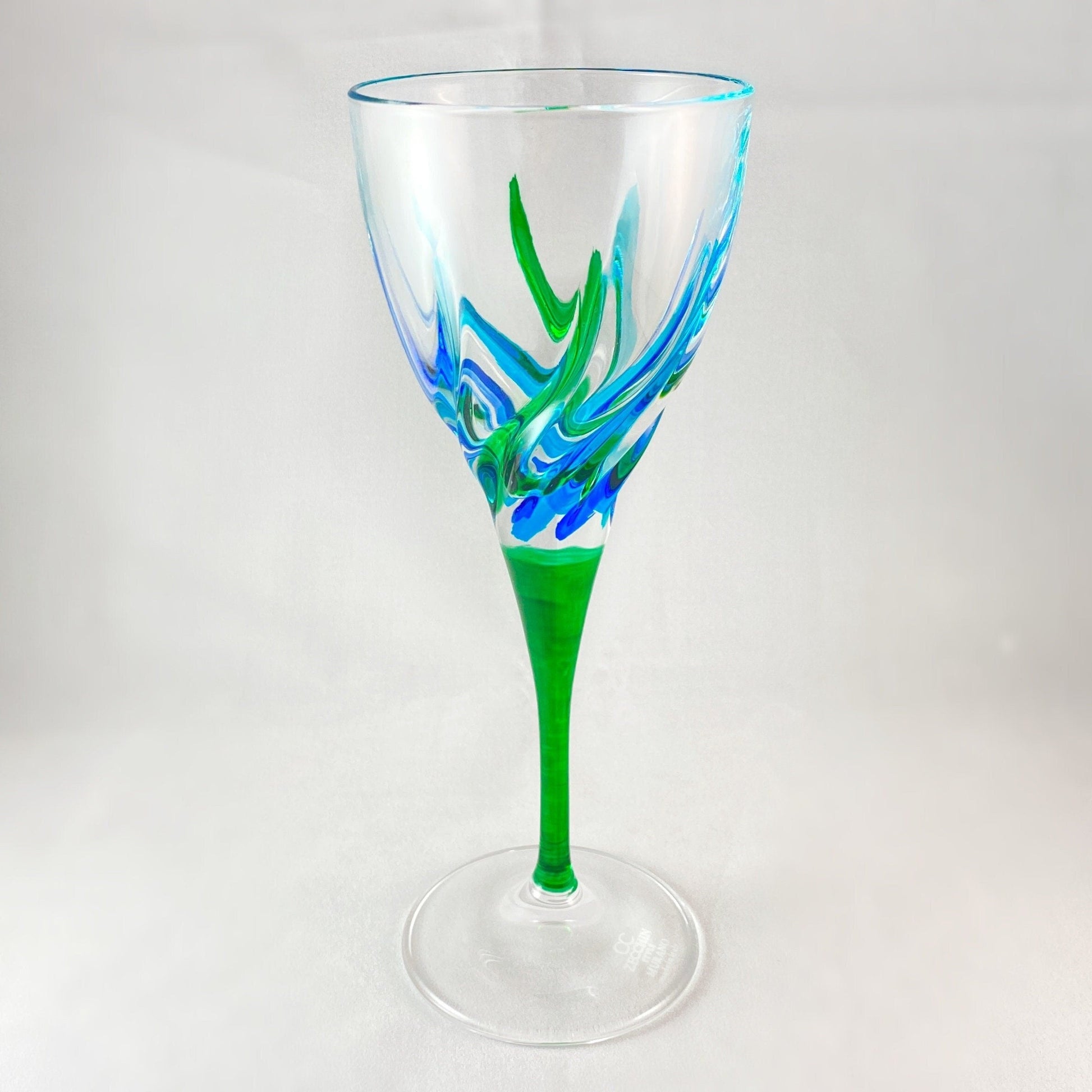 Green Stem Venetian Glass Trix SD Wine Glass - Handmade in Italy, Colorful Murano Glass