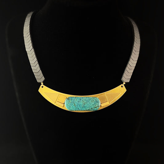Green Turquoise and Brass Collar Necklace with Chevron Beads - Geometric Art Deco Style - David Aubrey Jewelry